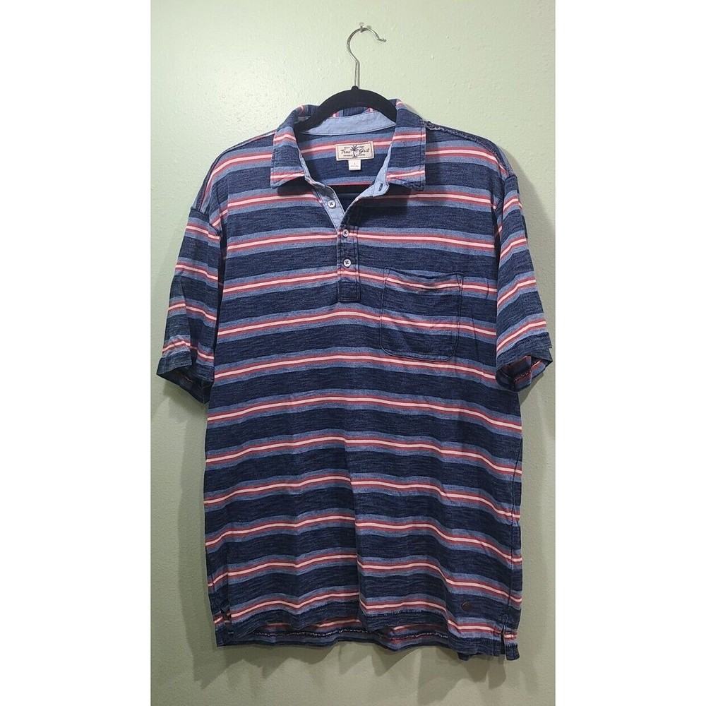 True Grit Men's Polo Shirt Size Large Blue White Striped 100% Cotton Logo